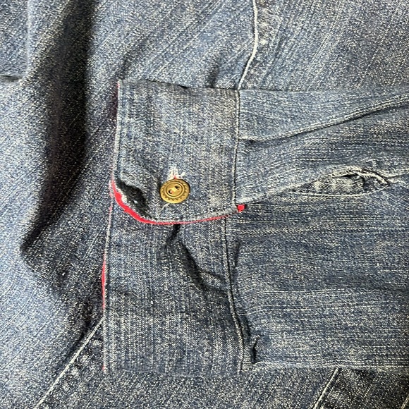 Vtg Denim 3/4 sleeve button up dress/duster size medium red corduroy cuffs - Picture 12 of 12